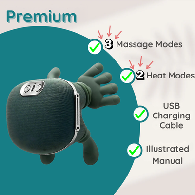 Premium neck and shoulder massager features 3 massage modes, 2 heat modes, USB charging cable, and illustrated manual.